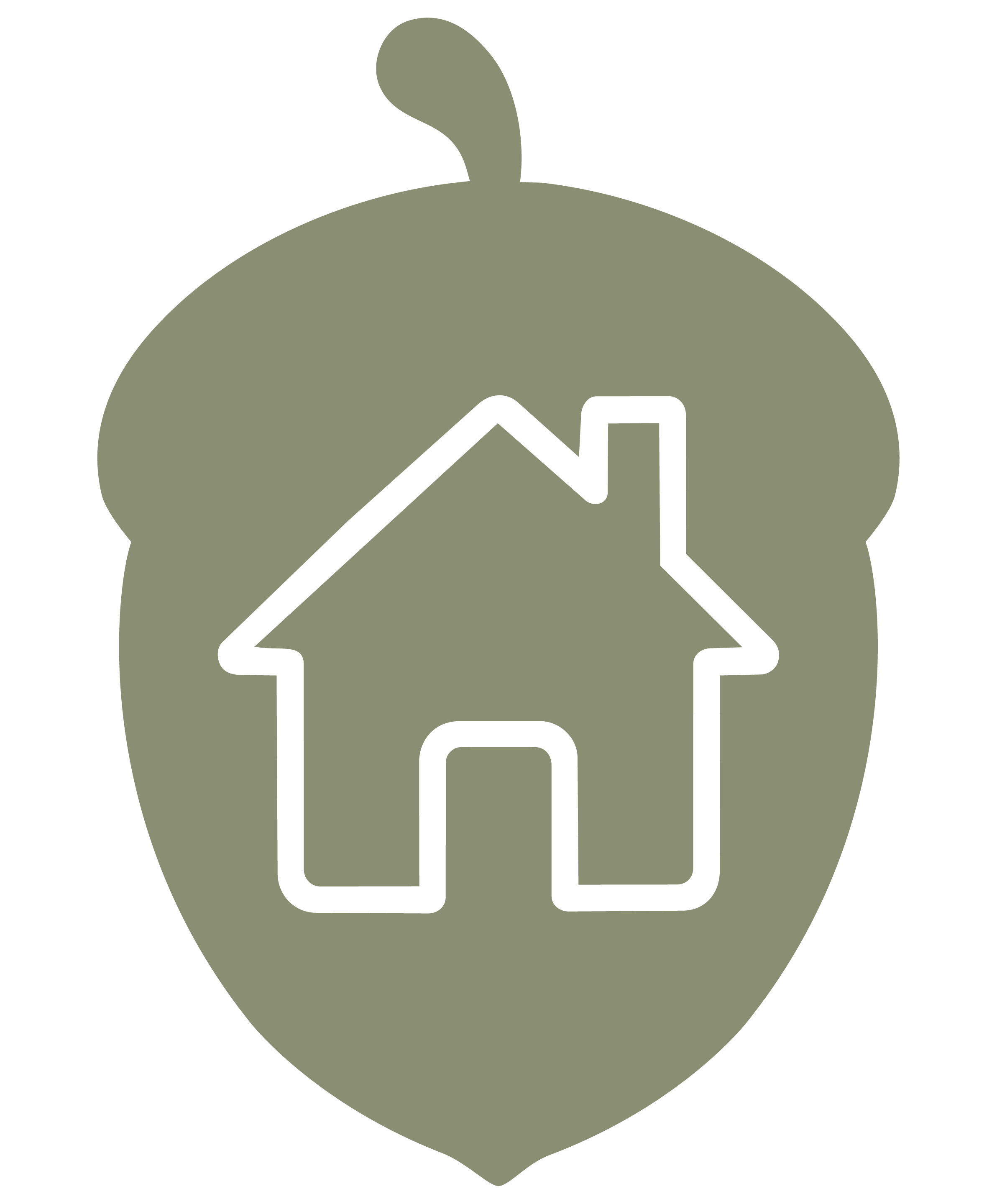 Graphic with a house and a tree inside a house-shaped outline, on a circular background.
