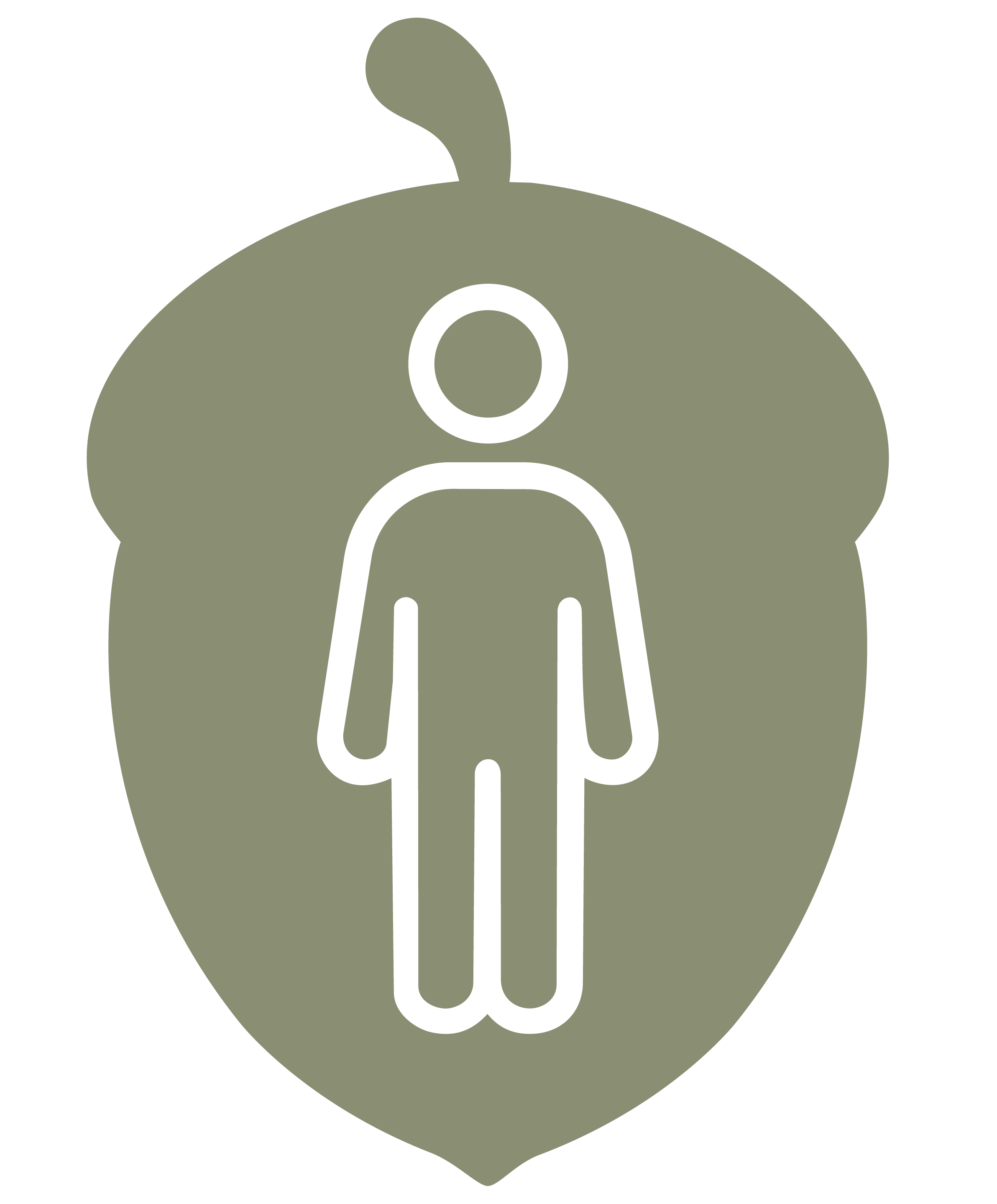 An icon of a child's silhouette in white outline inside a green acorn.