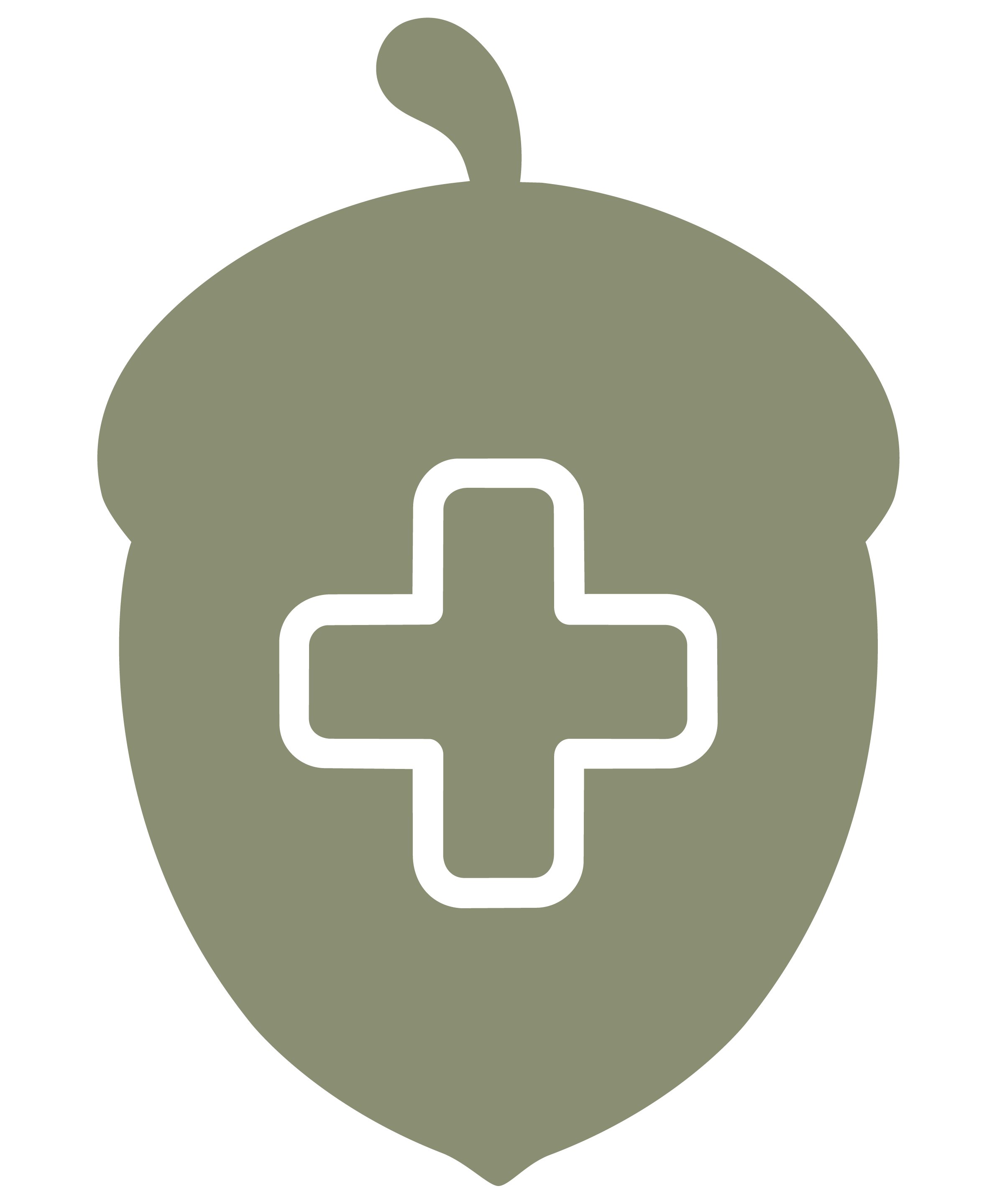 A stylized olive green acorn with a white cross symbol on the front pocket.