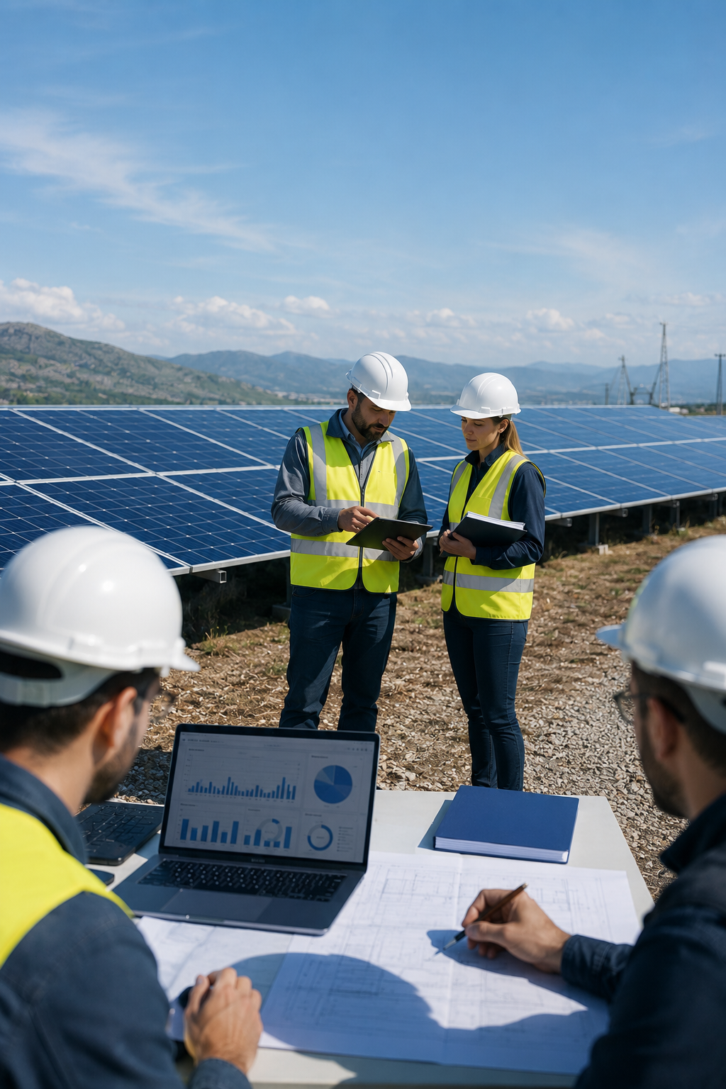 Tecnici in sicurezza con caschi e giacche illuminate, dialogano a un cantiere solare con pannelli fotovoltaici, sotto un cielo sereno, pianificando e discutendo sui dati di un progetto energetico.