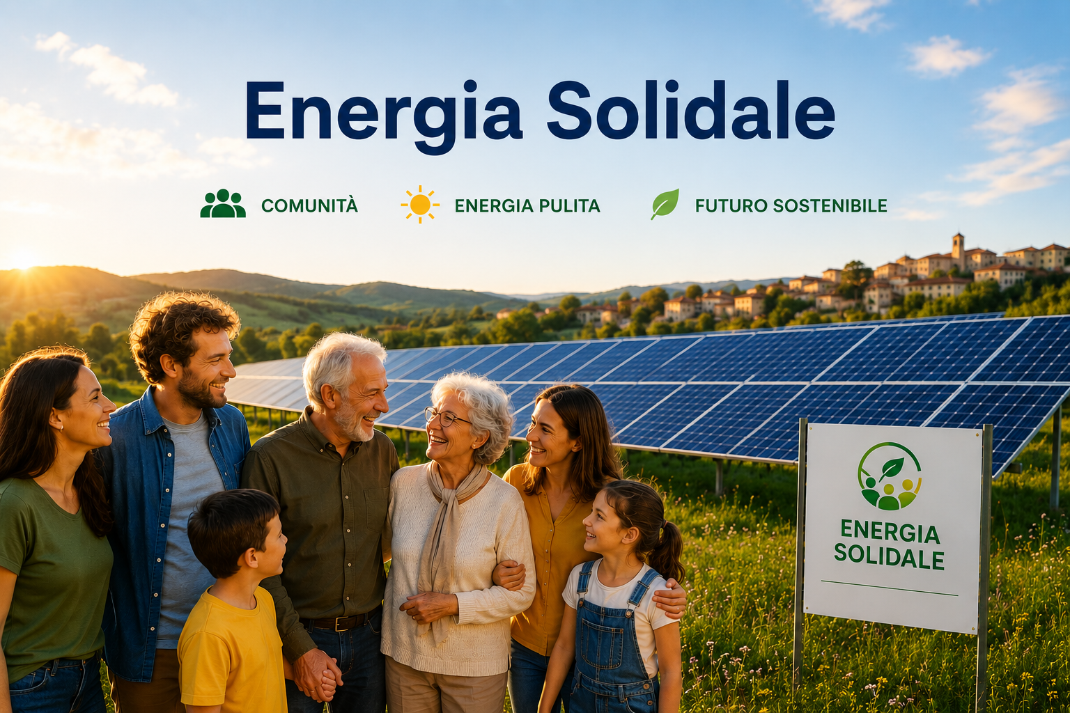 Gruppo di persone sorridenti davanti a pannelli solari in un campo verde, con un paesino in collina sullo sfondo al tramonto, simbolo di energia sostenibile, comunità e futuro sostenibile.