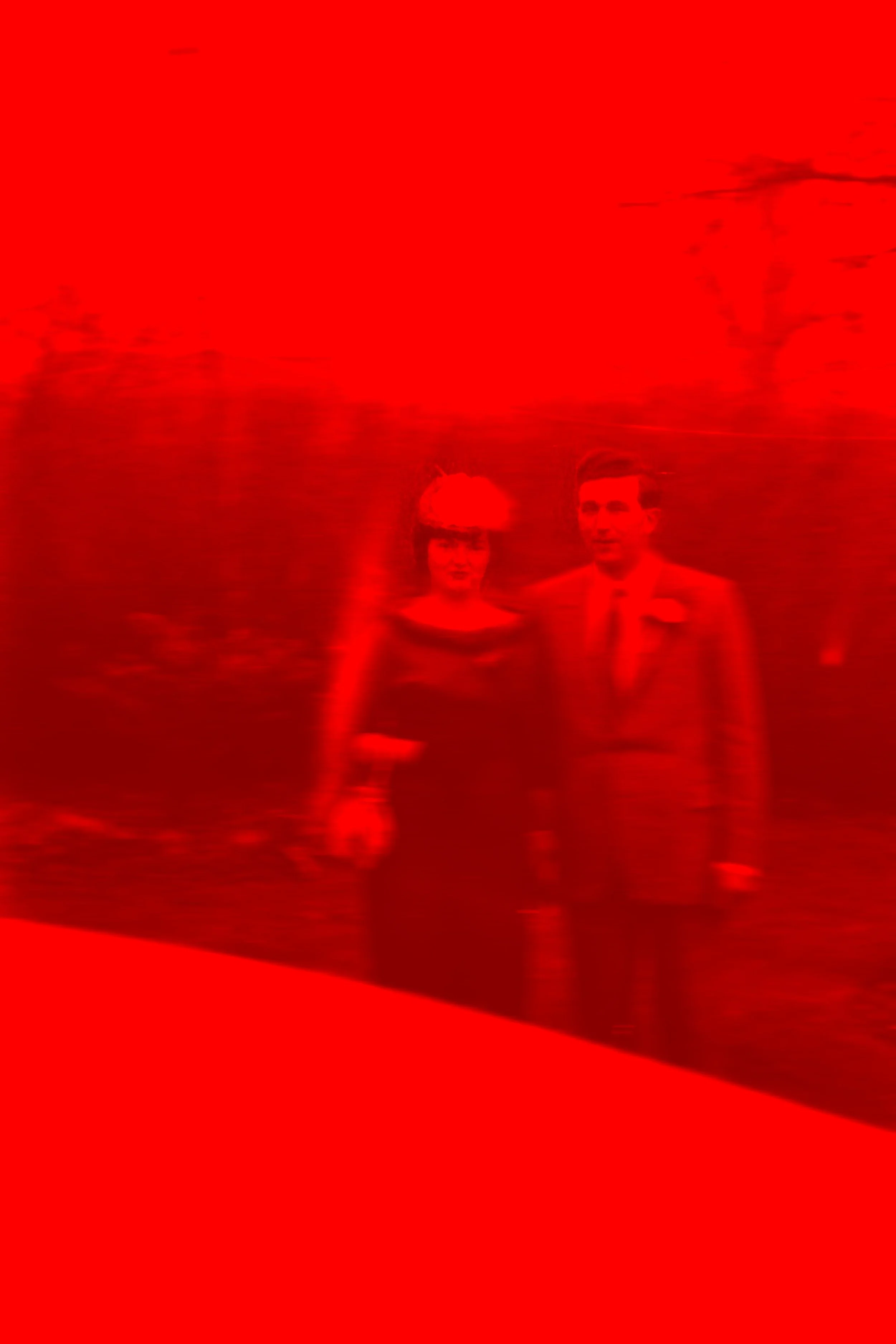 Ein Mann und eine Frau stehen in der Natur, wahrscheinlich im Wald, unter einem Baum. Der Mann trägt einen dunklen Anzug mit Krawatte, die Frau trägt ein elegantes Kleid und einen Hut. Das Bild wurde mit einem rot-verzerrten Filter bearbeitet.