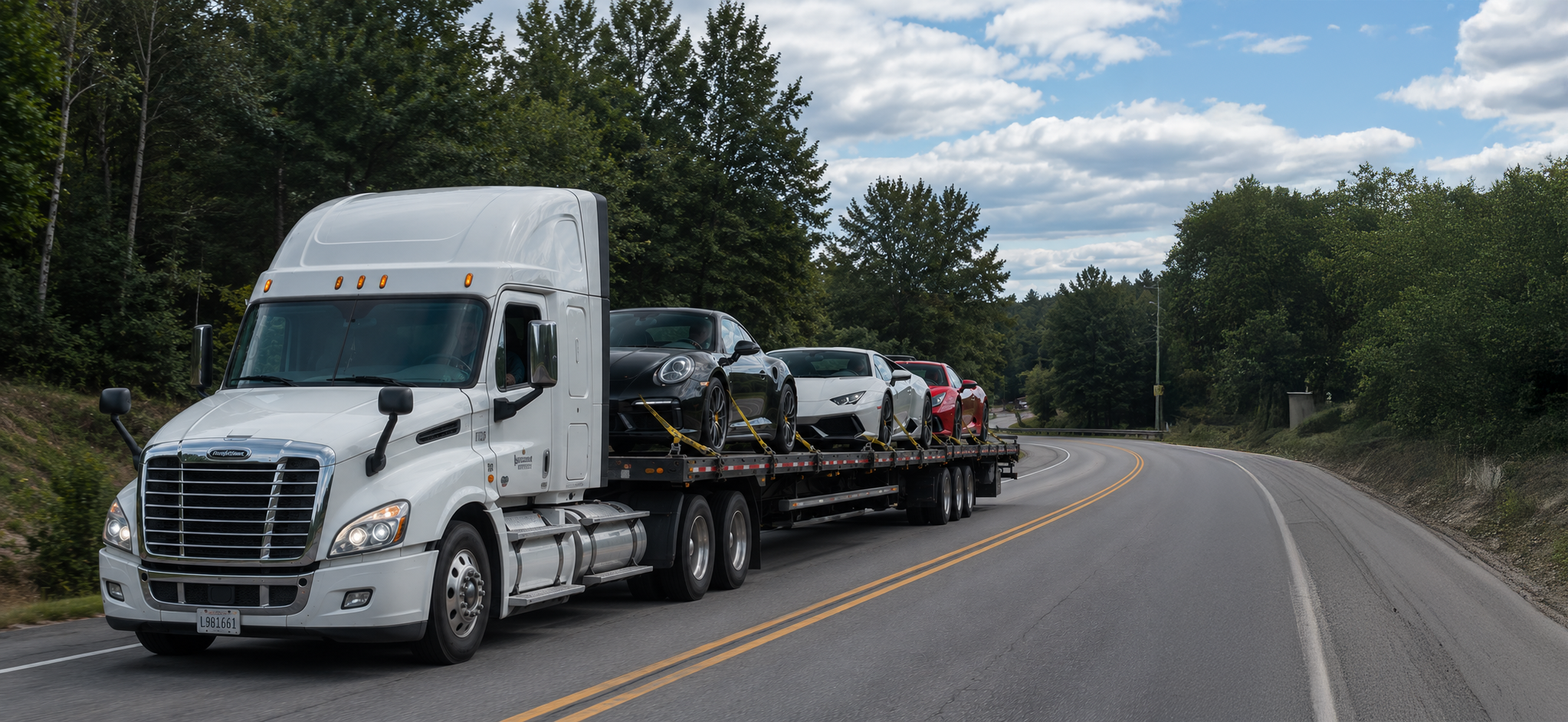 Un camion blanc transportant plusieurs voitures de sport, dont des Porsche, Lamborghini et Ferrari, sur une route de campagne entourée d'arbres, sous un ciel partiellement nuageux.
