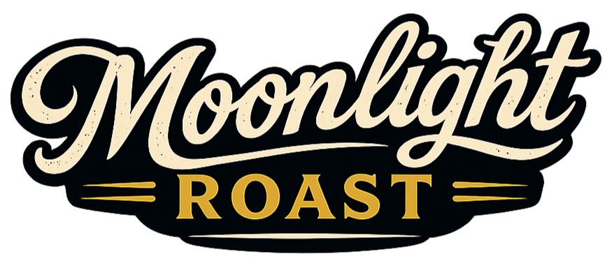 Design logo for Moonlight Roast, featuring stylish cursive and bold text with gold accents.