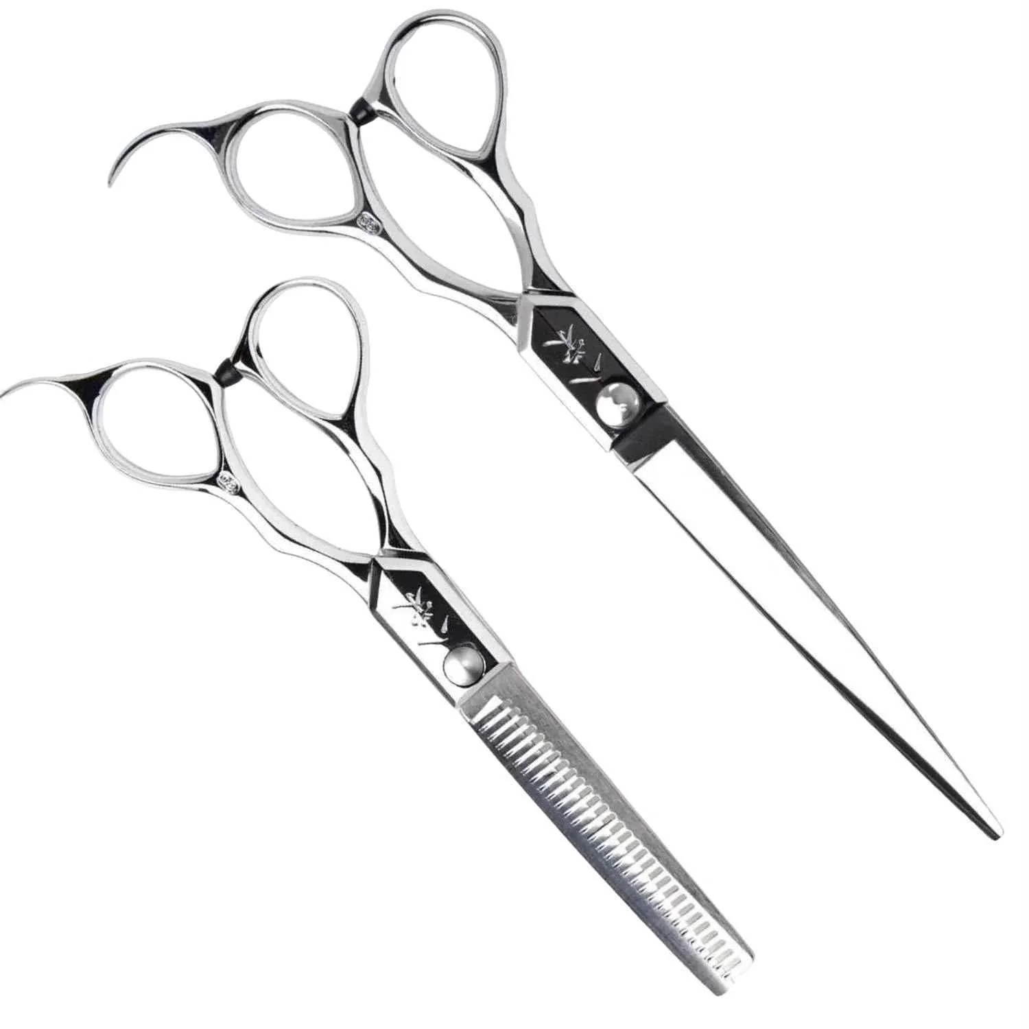 A pair of silver hair cutting scissors with a textured handle, a pointed blade, and an artistic design on the handle.
