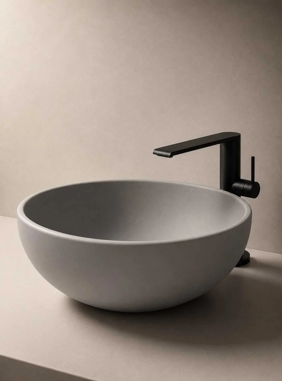 A modern white oval sink with a black faucet on a light-colored countertop against a beige wall.
