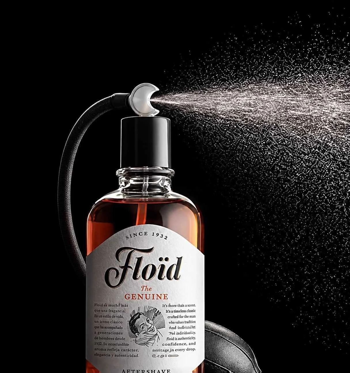 A bottle of Floid aftershave with a spray nozzle releasing a fine mist against a black background.