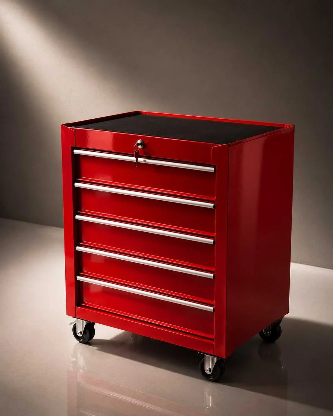 Red rolling tool cabinet with five drawers and a lock, placed on a smooth surface with a subdued background.