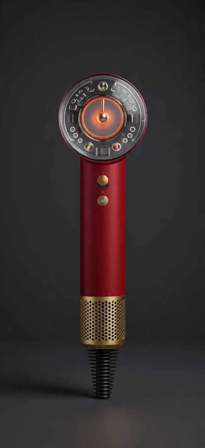 A red and gold Dyson Supersonic hair dryer against a dark gray background.