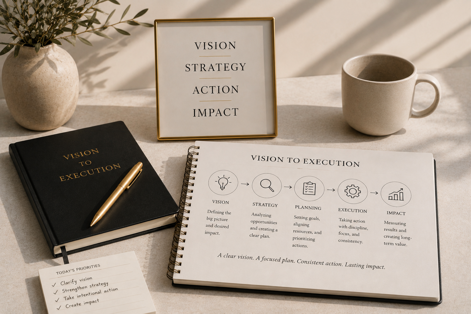 A workspace with a potted plant, a framed print with text 'VISION STRATEGY ACTION IMPACT,' a black notebook titled 'VISION TO EXECUTION' with a gold pen, a spiral notebook titled 'VISION TO EXECUTION' displaying a diagram, a coffee mug, and a small notepad with today's priorities including clarifying vision, strengthening strategy, taking intentional action, and creating impact.