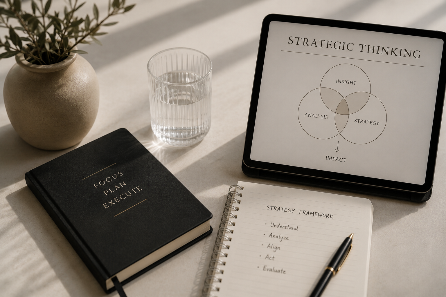 A workspace with a potted plant, a glass of water, a black notebook titled 'Focus Plan Execute,' a spiral notepad with 'Strategy Framework' and steps written, and a tablet displaying a diagram about strategic thinking, with sunlight casting shadows.