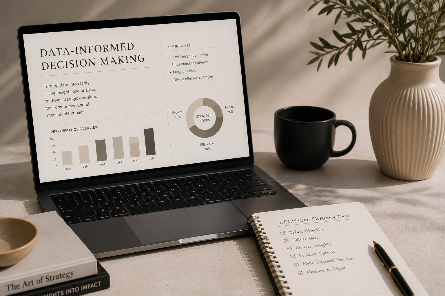 A laptop displaying a presentation on data-informed decision making, with charts and key insights. To the right, there is a notebook with a decision framework checklist, a black coffee mug, a beige ceramic vase with greenery, and some books on strategy on a light-colored desk.
