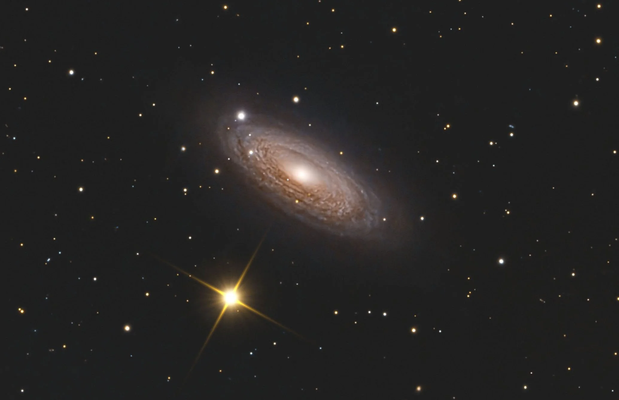A photograph of a spiral galaxy with stars scattered across the universe, including a prominent bright star in the bottom left corner.