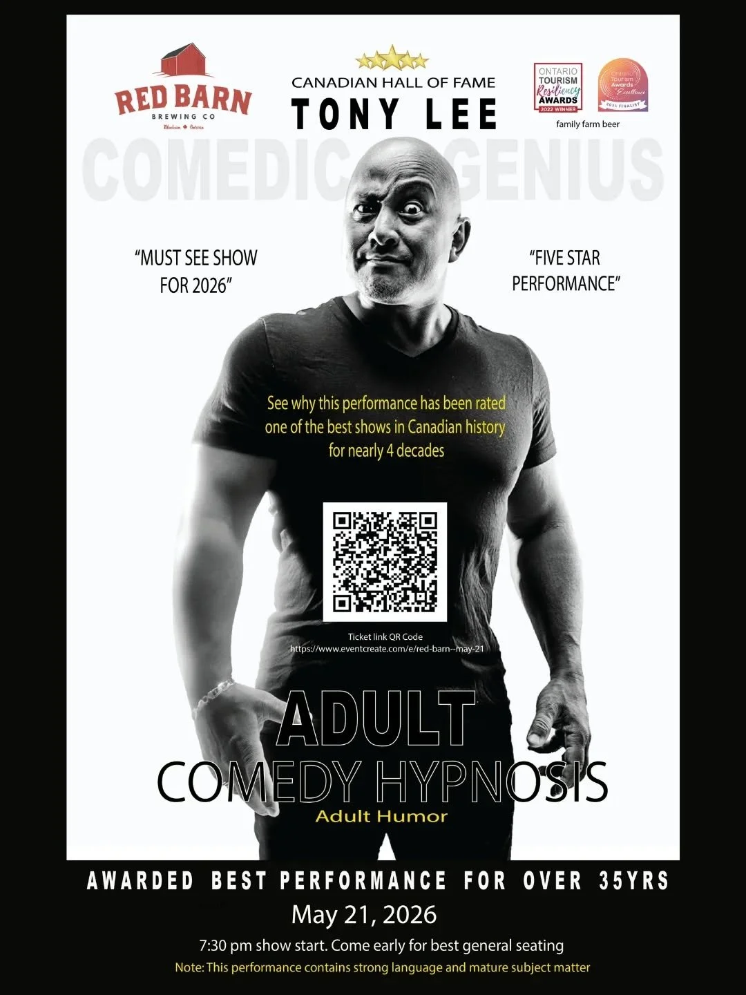 Tony Lee - Canadian Hall of Fame Comedic Genius at the Barn May 21! TICKETS Available at eventcreate.com/e/red-barn--may-21

Step into the legendary world of Tony Lee, a Canadian Hall of Fame icon whose show has stood the test of time for an incredib