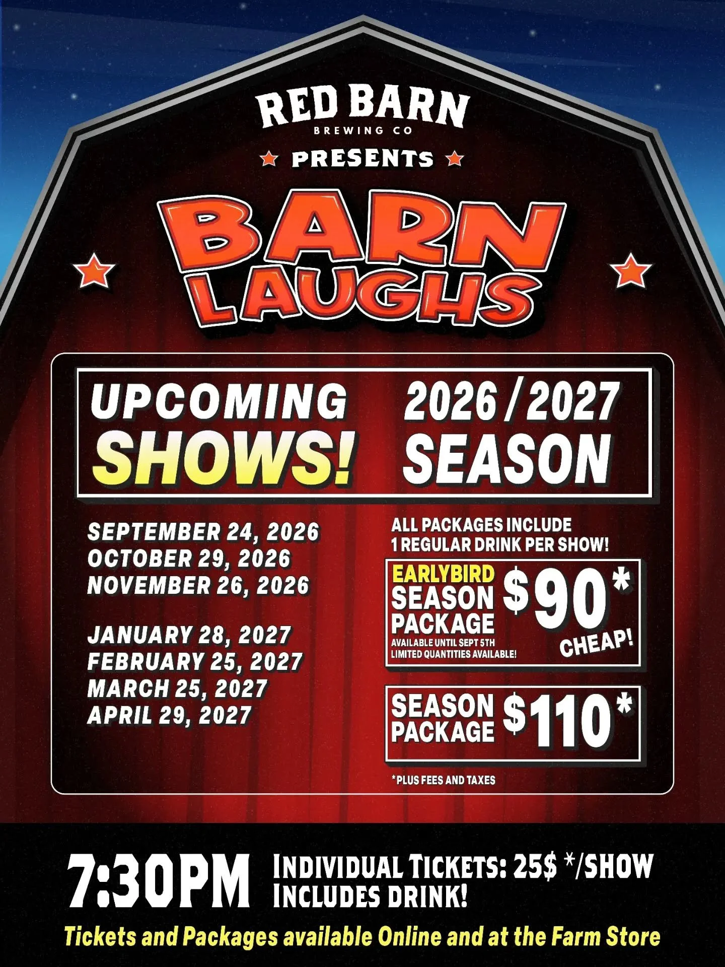 📢Barn Laughs is BACK for season 6!

More laughs in The Barn every month, well not counting December...

🚪5:30pm doors, 7:30pm show&nbsp;- dates in the graphic above for the entire season!

🎙️&nbsp;Want in? Early bird pricing is on until Sat Sept 5