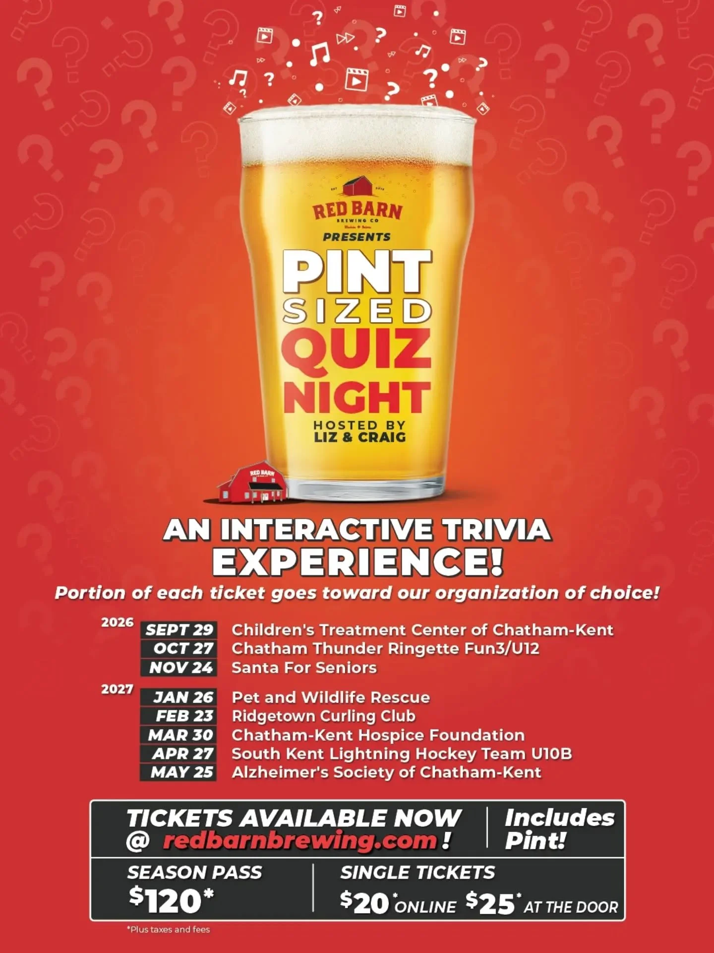 ⁉️🍺Pint Sized Quiz Night at Red Barn Brewing - Get your SEASON PASS!

Challenge Yourself: Put your team together to answer mind-bending trivia questions, led by Liz and Craig. @lizsuthy

Craft Beer: Enjoy a fantastic selection of craft beers brewed 