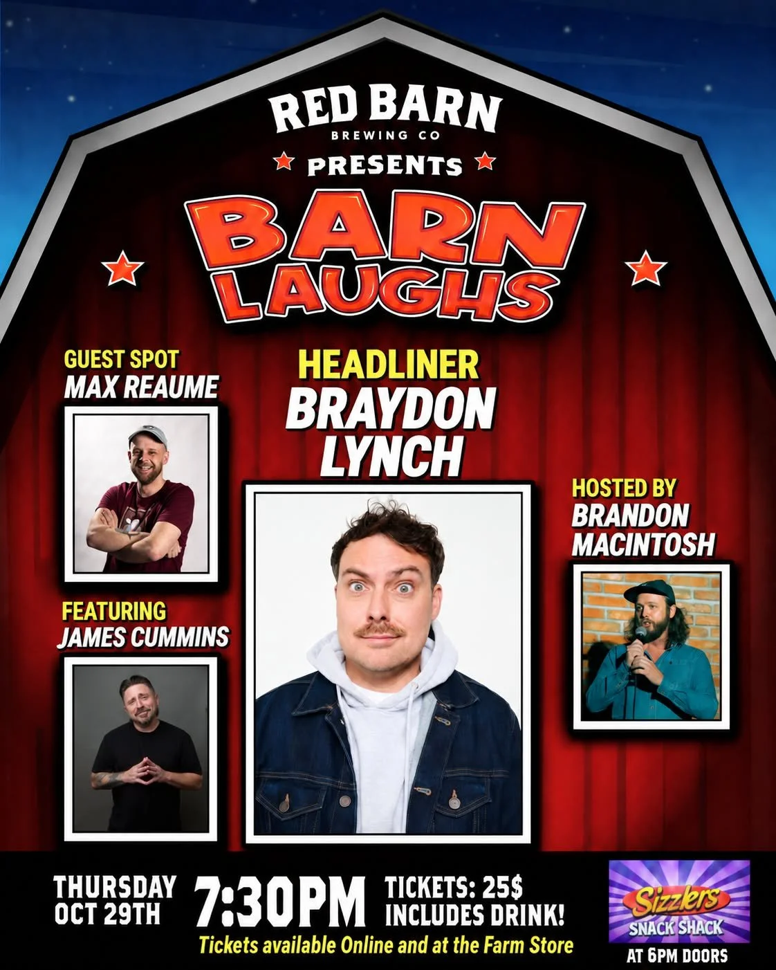 Barn Laughs is back at the Barn Thursday, Oct 29 🎙️

HEADLINER &mdash; Braydon Lynch @braydonlynch
Stand-up, actor, and improviser from small-town Kindersley, Saskatchewan, now based in Toronto. He's taken his act across Canada, the US, the UK, and 