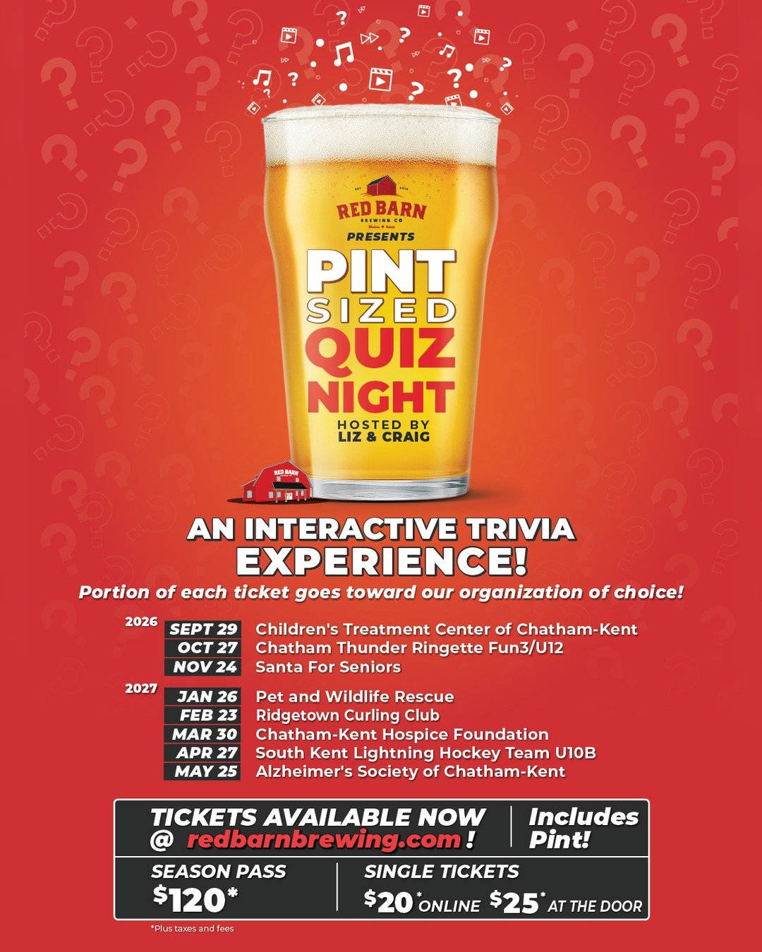 Two good reasons to get to the Barn this week 🍻

🧠 TUESDAY &mdash; Pint Sized Quiz Night
Oct 27 &middot; 6 PM &middot; Hosted by Liz &amp; Craig. Your ticket includes a pint, and a portion of every ticket supports Chatham Thunder Ringette Fun3/U12.