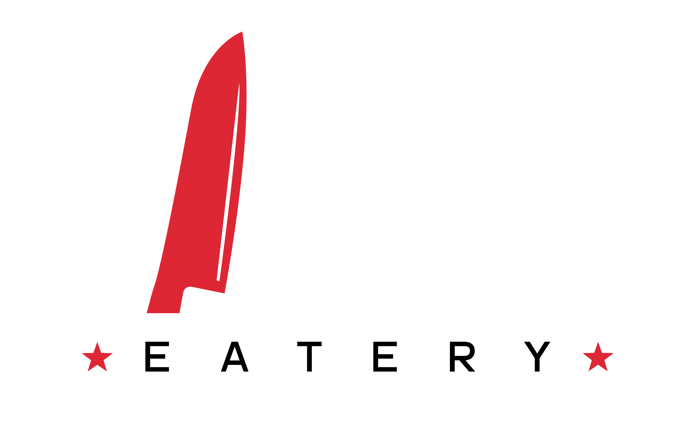 Logo for R-Way Eatery featuring the name 'ROXY' in bold white letters with a red surfboard rising through the middle, and the word 'EATERY' underneath with two red stars flanking it.
