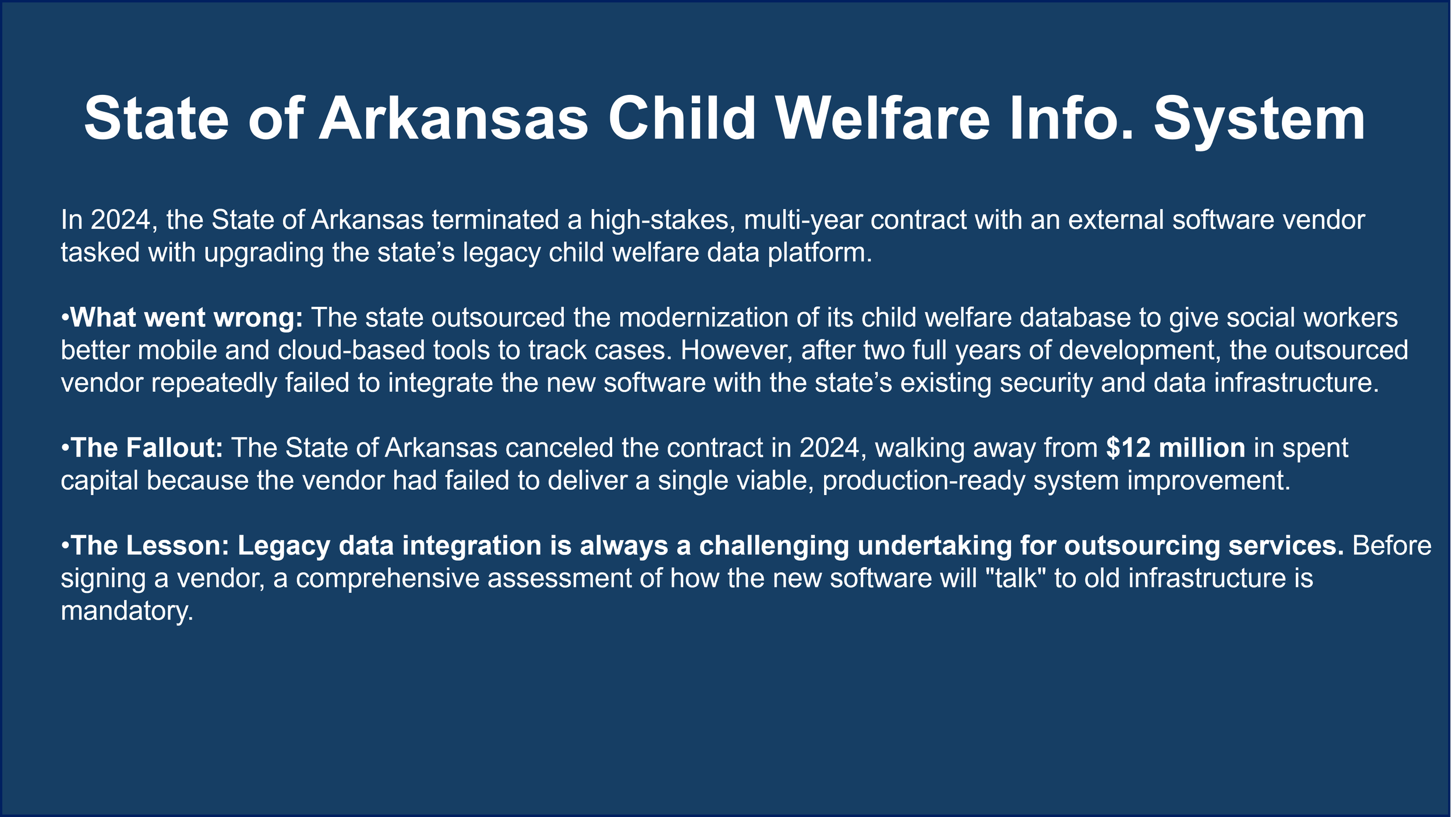 A digital informational poster about Arkansas's child welfare data system and its challenges.