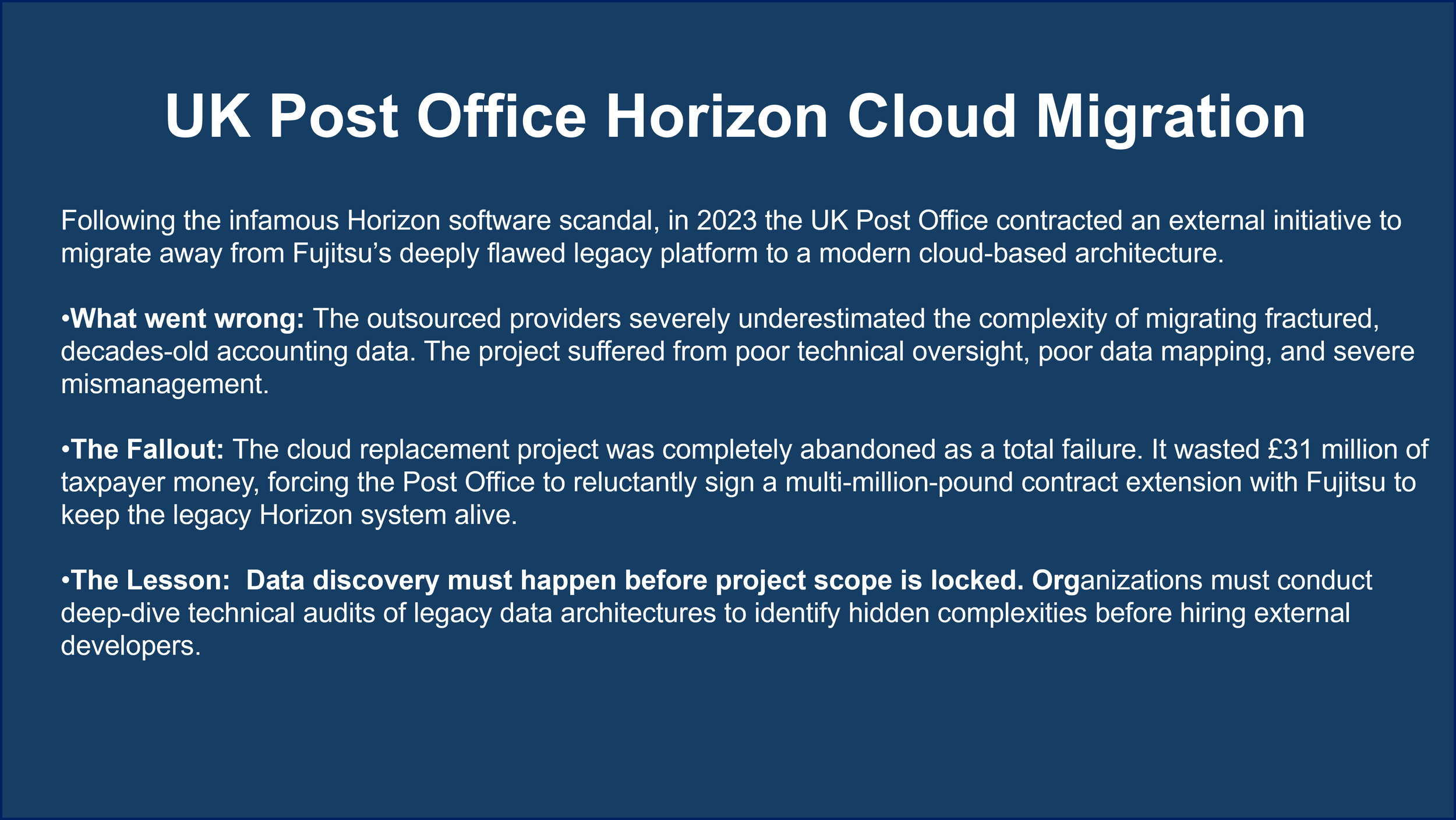 Text discussing the UK Post Office Horizon Cloud Migration, including challenges and lessons learned.