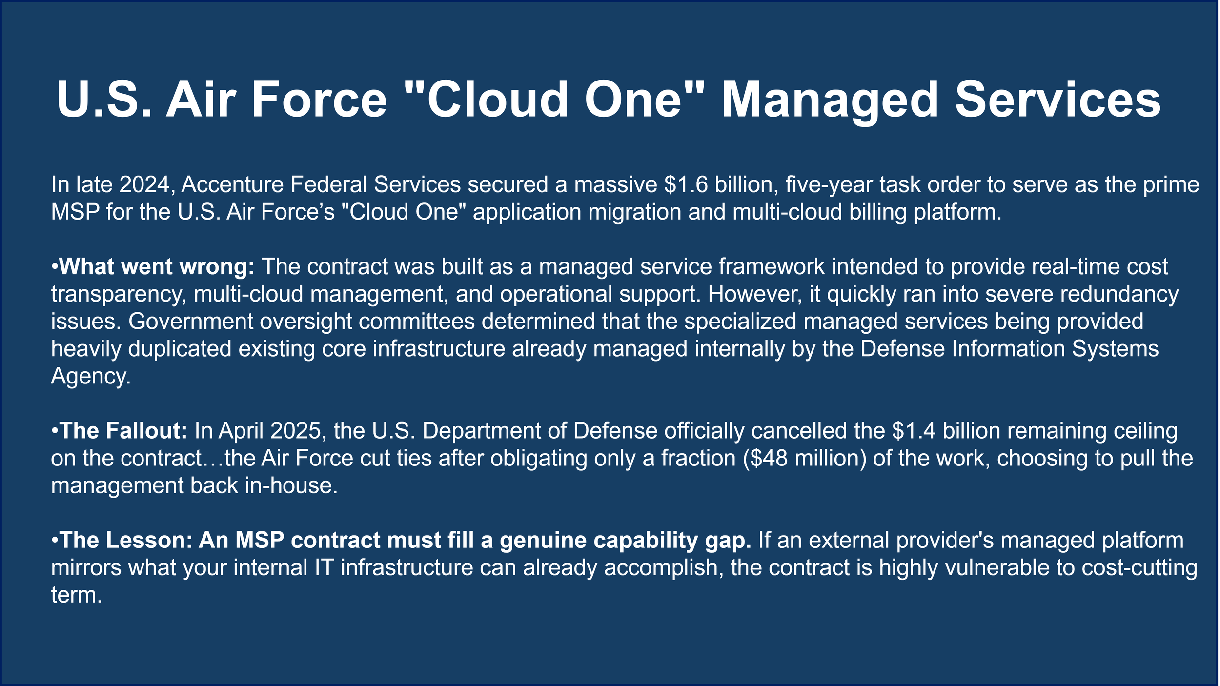 A digital infographic titled 'U.S. Air Force Cloud One Managed Services' with text discussing the 2024 contract, issues with redundancy, and lessons about MSP contracts.