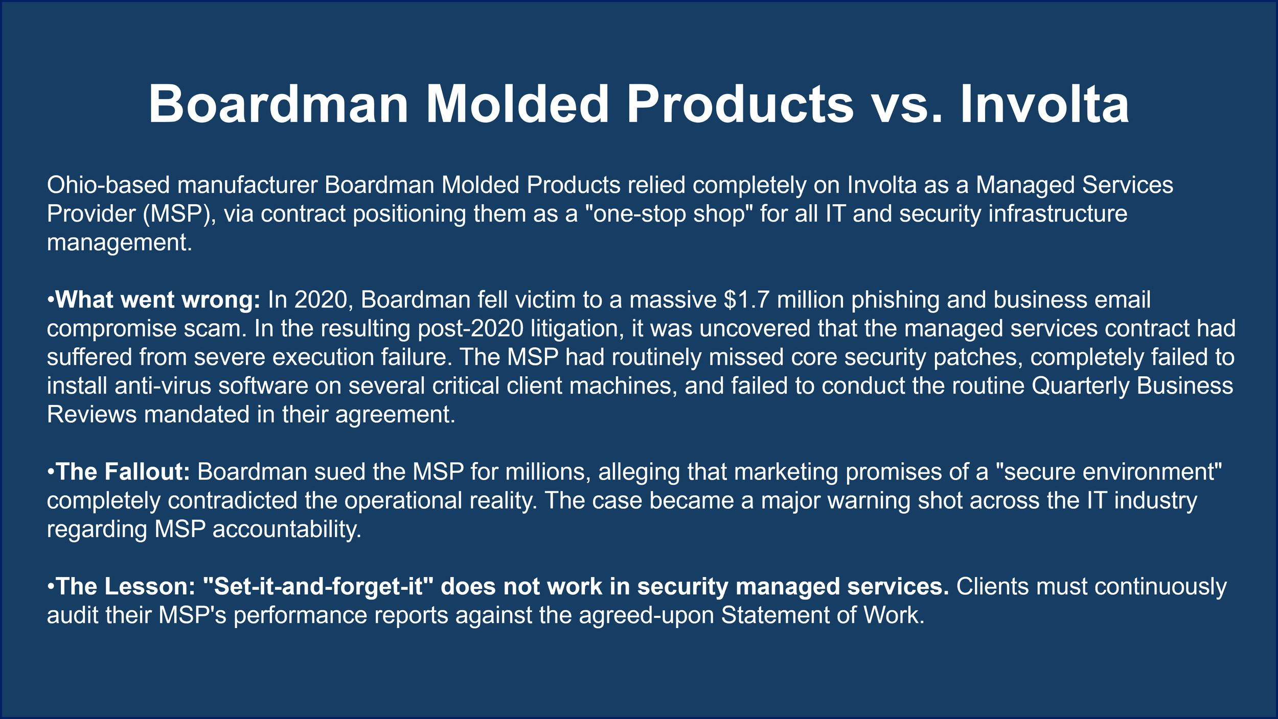 A digital infographic comparing Boardman Molded Products with Involta, highlighting issues with Boardman's security and operational failures, including references to legal actions and lessons learned in IT security management.