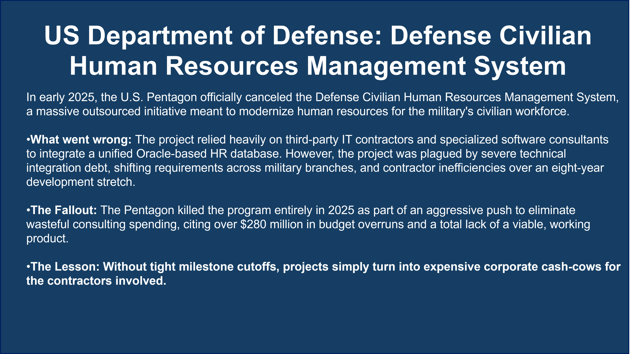 An informational infographic about the US Department of Defense's Civilian Human Resources Management System, mentioning its cancellation in 2025, reasons for failure, fallout, and lessons learned.