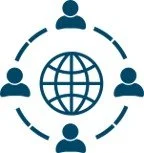 Icon of a globe surrounded by four people connected around it.