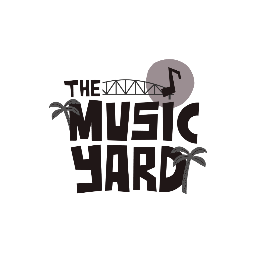 Nighttime scene with a full moon, a bridge, and palm trees, with the text 'The Music Yard' in stylized lettering.