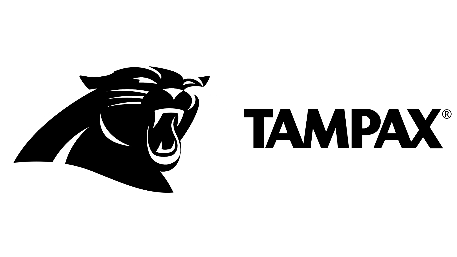 Black and white graphic of a roaring panther's head, facing left, with the text 'Carolina Panthers' beside it.