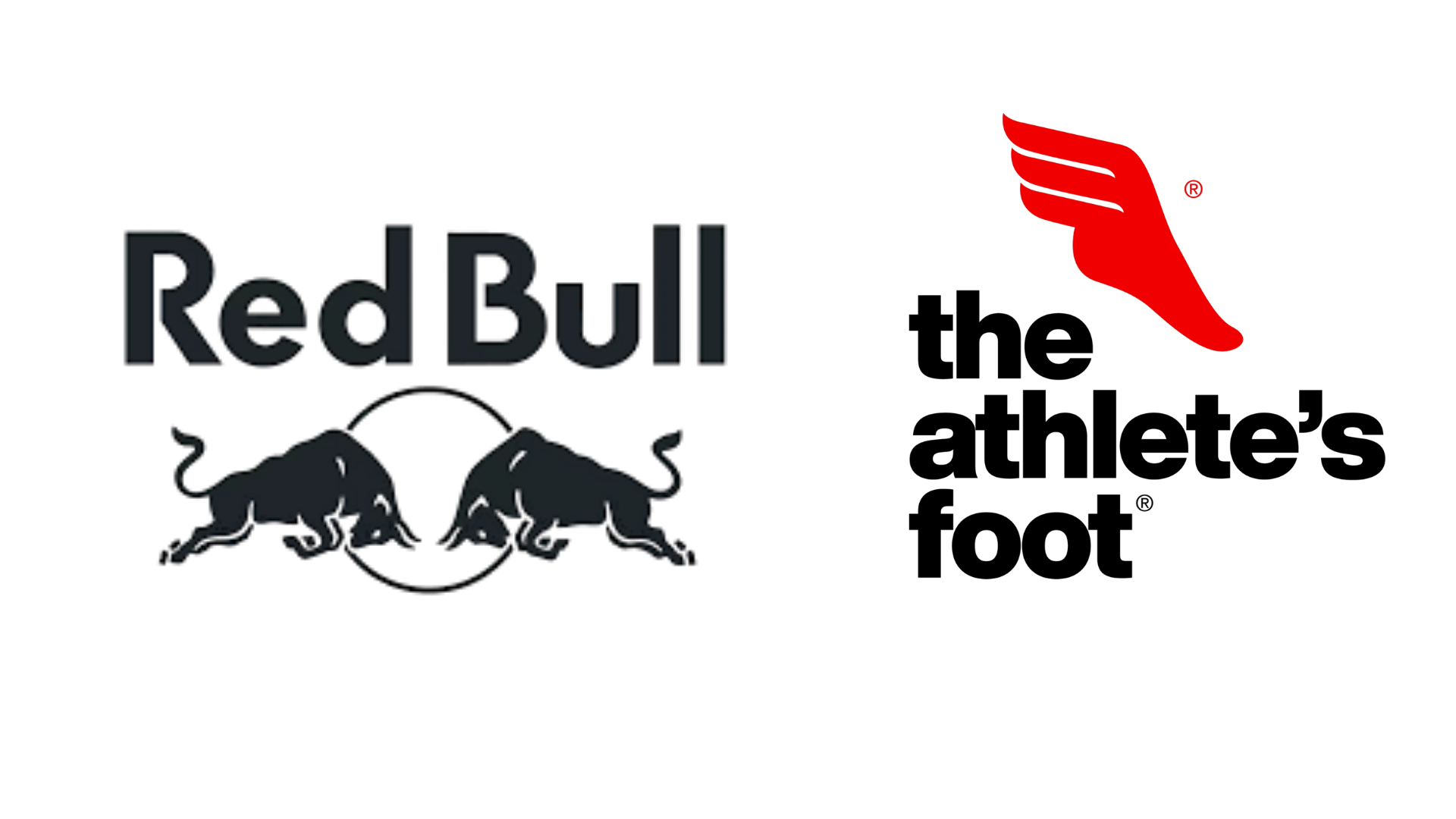 Red Bull logo with two charging bulls and the text "the athletes foot" with a red winged foot symbol.