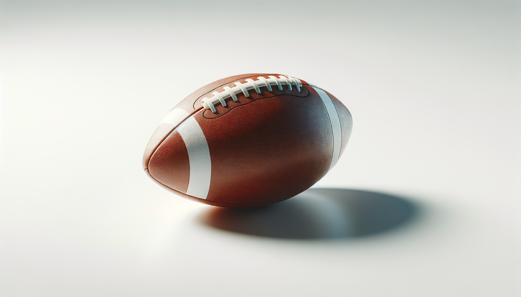 A close-up of an American football on a white surface, casting a shadow.