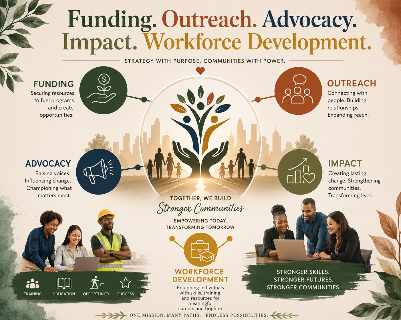 Infographic illustrating community-building through funding, outreach, advocacy, impact, and workforce development, featuring diverse groups of people and city skyline background.