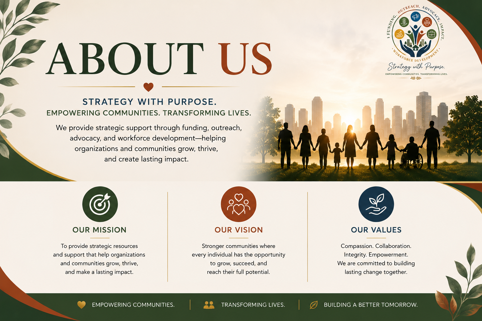 An informational webpage about an organization focused on community empowerment and workforce development. The page features a family holding hands in a park with a city skyline in the background. Sections include mission, vision, and values with icons and descriptions, alongside decorative leaves and a logo.