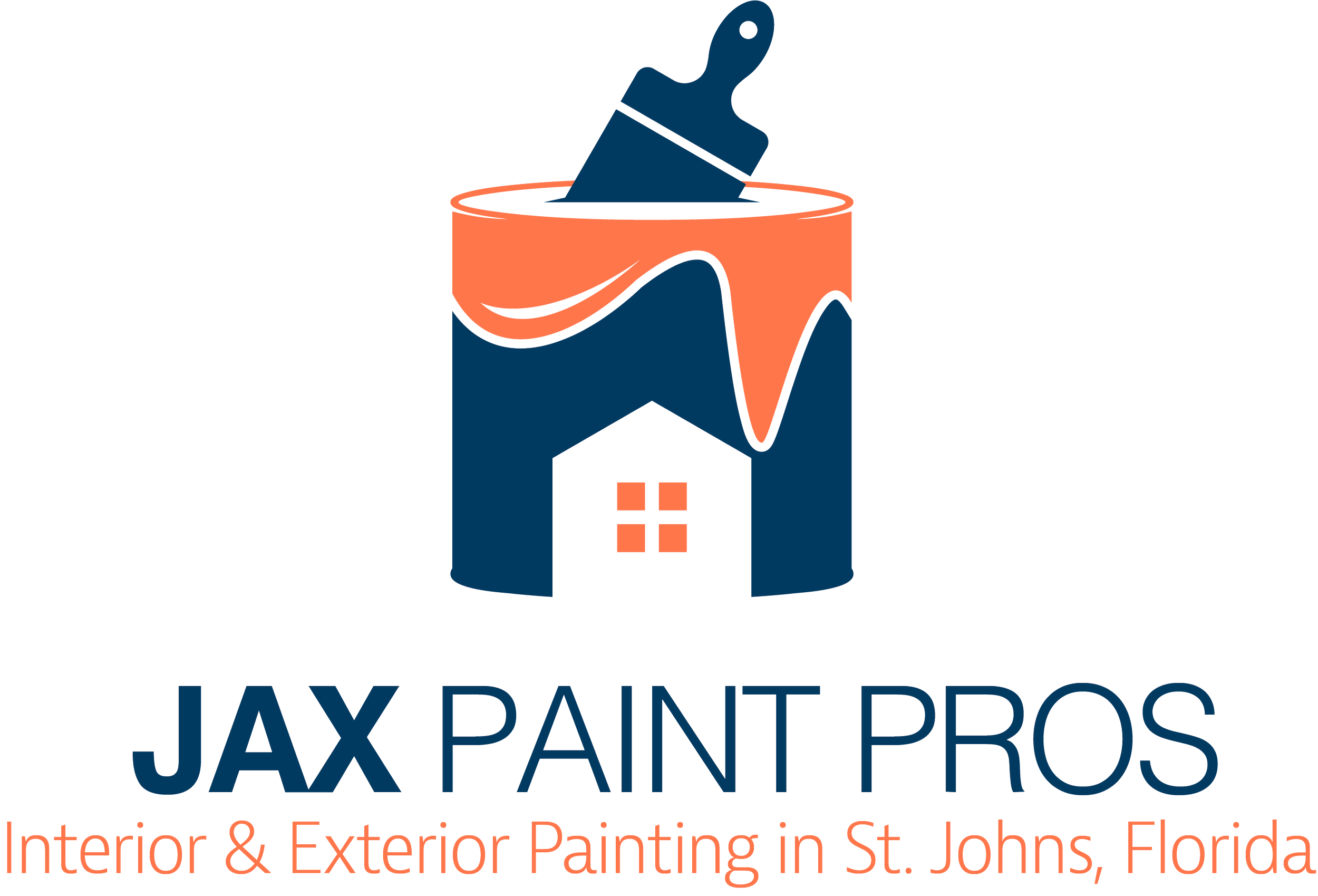 Logo for Jax Paint Pros, an interior and exterior painting company in St. Johns, Florida, with a paint bucket and brush illustration.