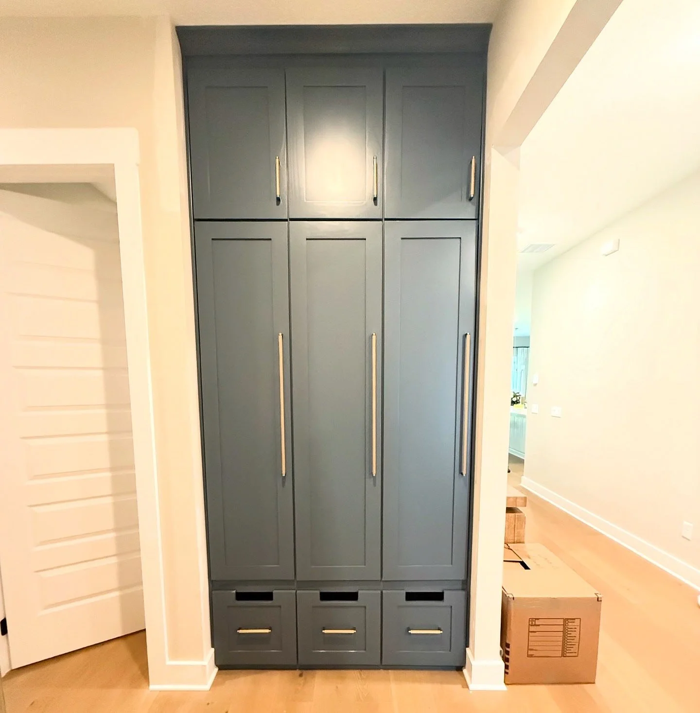 A tall, dark gray cabinet with gold handles, built into a wall in a home interior.