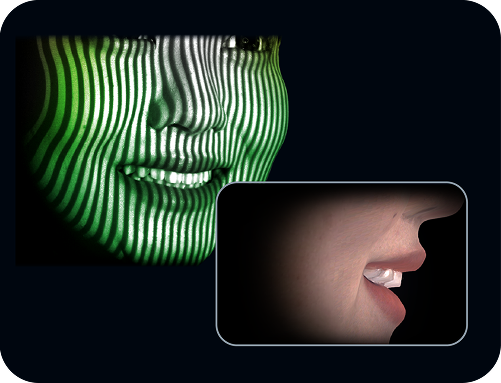 A smiling person's face with green and white vertical light stripes projected onto it, and a close-up of another person's mouth with slightly open lips in a separate inset.