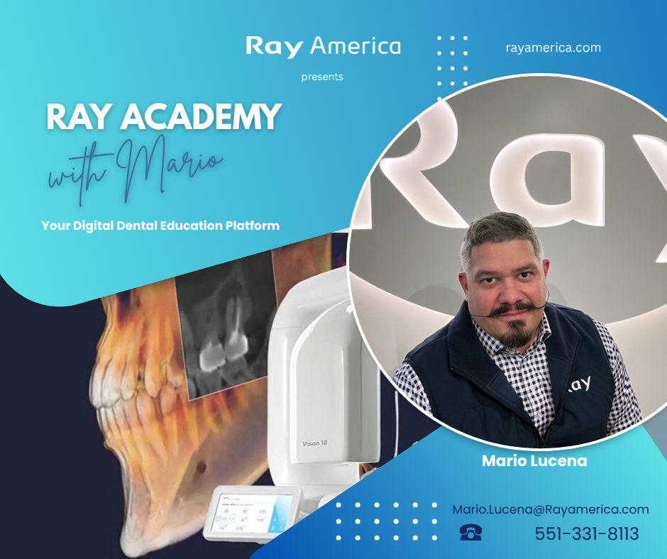 A promotional graphic for Ray Academy with Mario, showcasing dental education tools and a portrait of Mario Lucena with contact information.