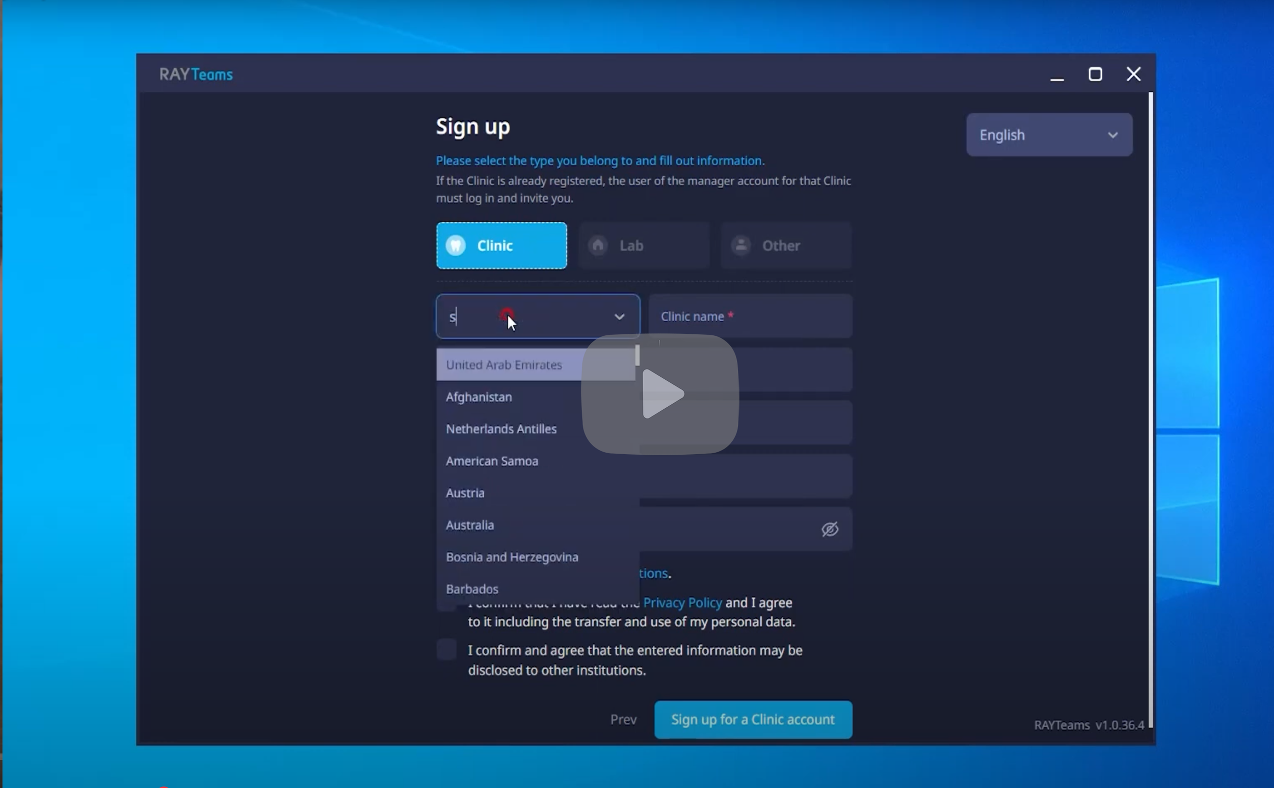 Computer screen showing the sign-up page for RAYTeams with options to select a clinic type and list of country names.