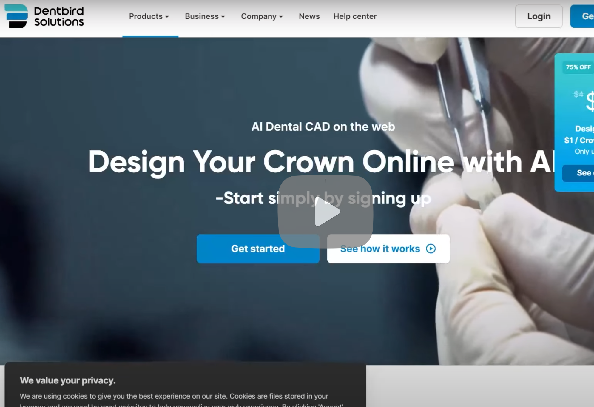 Website homepage for Dentbid Solutions featuring an AI-powered dental CAD design tool, with options to get started or see how it works.