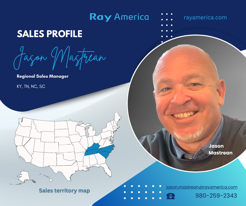 Business sales profile image featuring Jason Mastrean, Regional Sales Manager at Ray America. The profile includes a photo of Jason, a map highlighting sales territory in Kentucky, Tennessee, North Carolina, and South Carolina, and contact information with email and phone number.