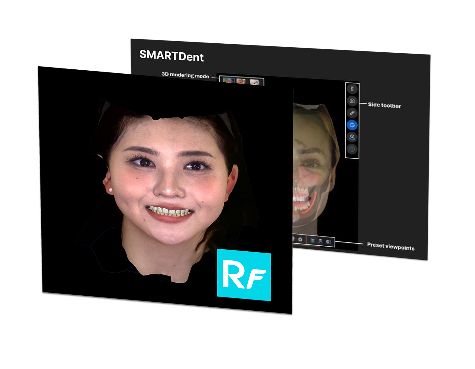Digital rendering software interface displaying a 3D model of a woman's head with a smiling expression, alongside tools and preset view options.