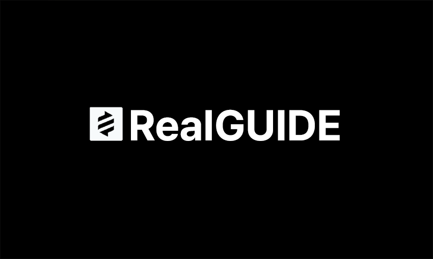 Black background with the white text 'RealGUIDE' and a white icon resembling a stylized guide or navigation symbol to the left of the text.