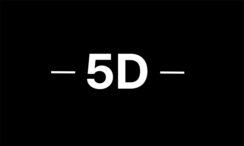 Black film reel with white text reading '5D' in the center.