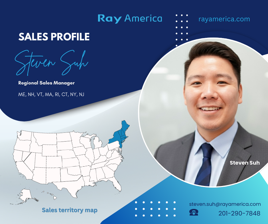 Business sales profile card for Steven Suh, Regional Sales Manager at Ray America. Includes a photo of Steven Suh smiling, a sales territory map highlighting Northeastern states, contact information, and Ray America's logo, set in blue and white design.