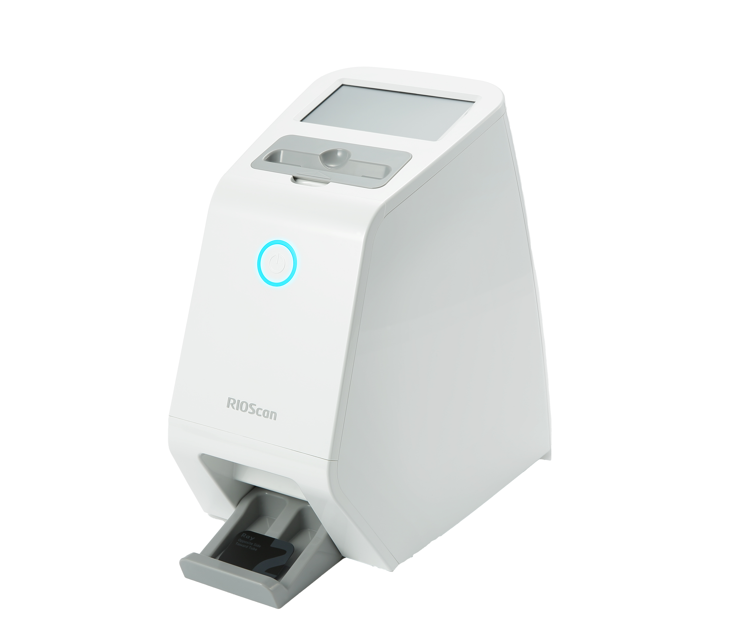 Medical device, RIOscan for scanning RFID tags, with a touchscreen and a scanning area at the bottom containing a RFID card.