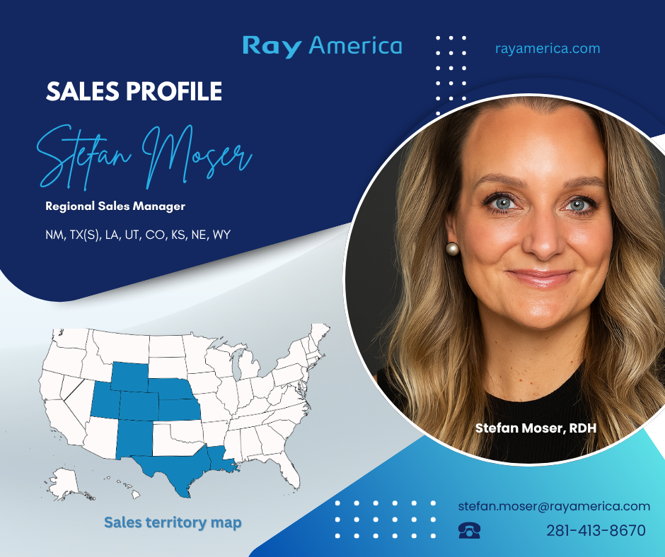 Business card for Stefan Moser, Regional Sales Manager at Ray America, featuring his photo, contact details, sales territory map of certain states, and the Ray America logo on a blue and white background.