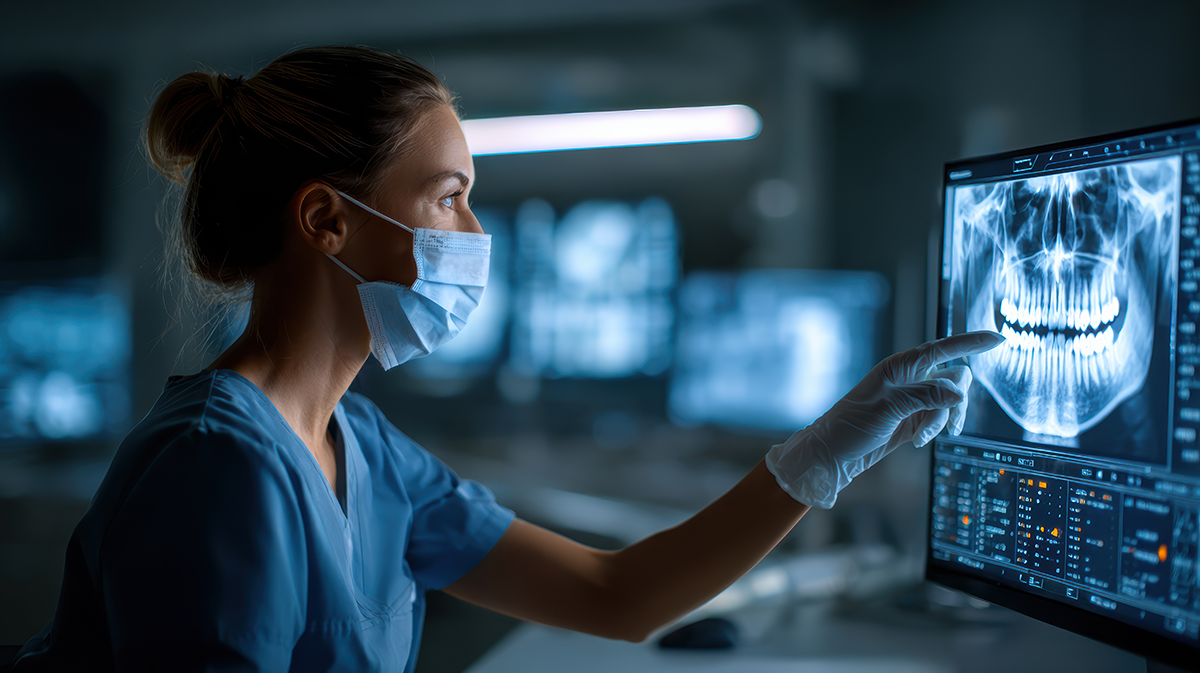 A female healthcare professional in scrubs, wearing a face mask and gloves, analyzing an X-ray of a human skull on a computer screen in a medical setting.