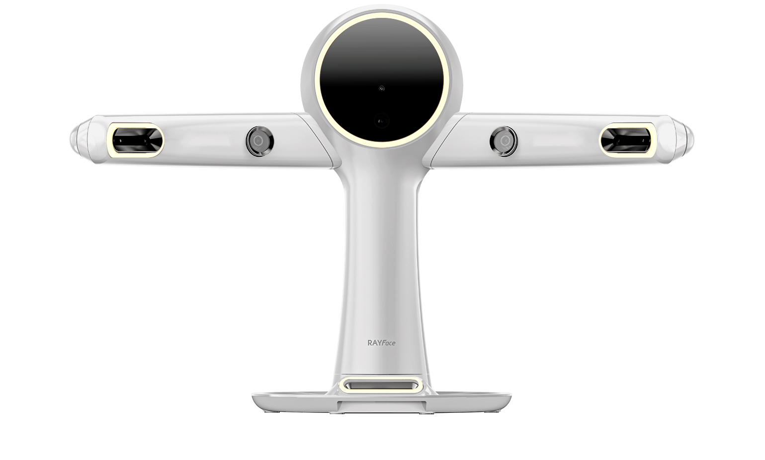 A white, futuristic-looking device with a central round black face and two horizontal arms extending outward on each side, featuring opening vents and cameras, labeled 'RAYFace' on the base.